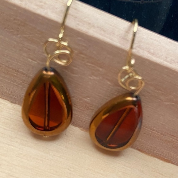 Shiny Brown Teardrop Dangle Earrings with Gold Wires - Picture 2 of 9